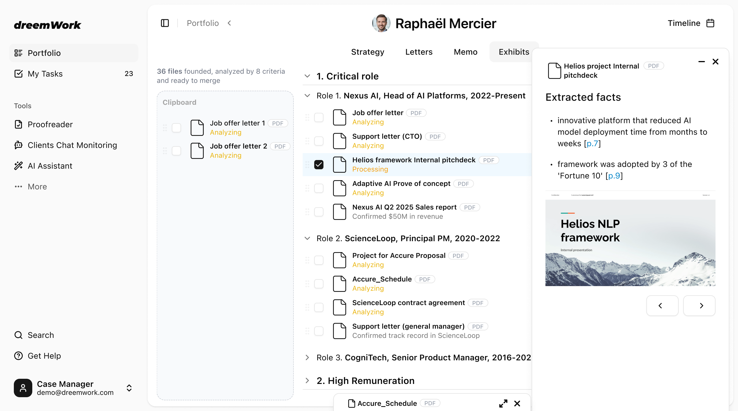 Exhibits screen: documents analyzed against criteria with extracted facts and page citations
