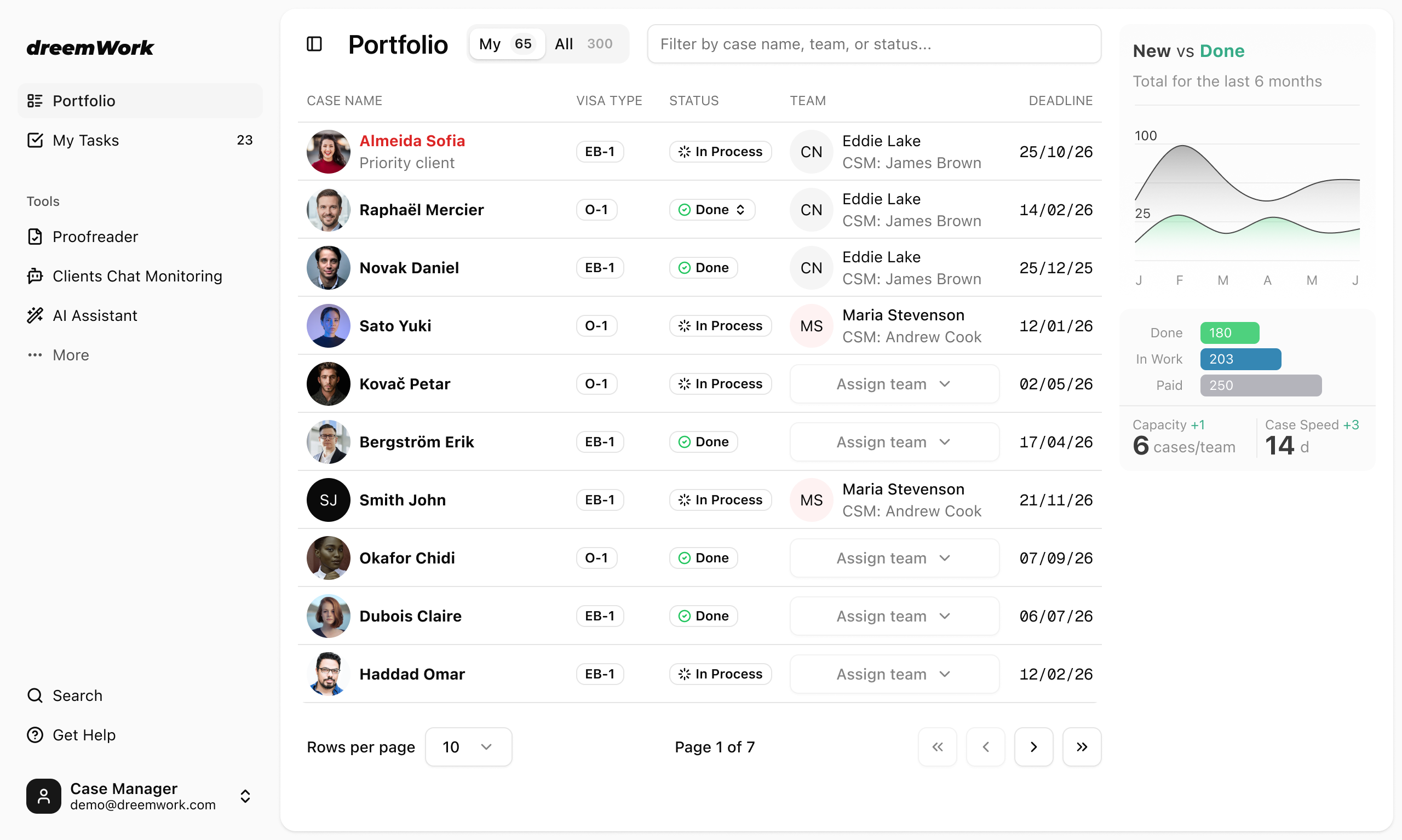 dreemWork portfolio dashboard with cases, visa types, statuses, teams and pipeline analytics